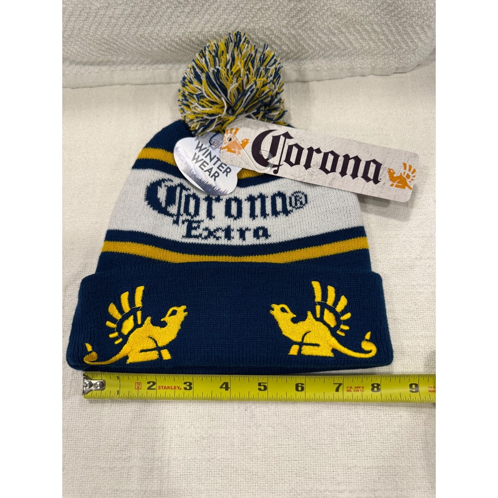 Corona Extra Beer Beanie Hat Navy Blue Yellow White Striped Pom Pom Knit Cap NEW